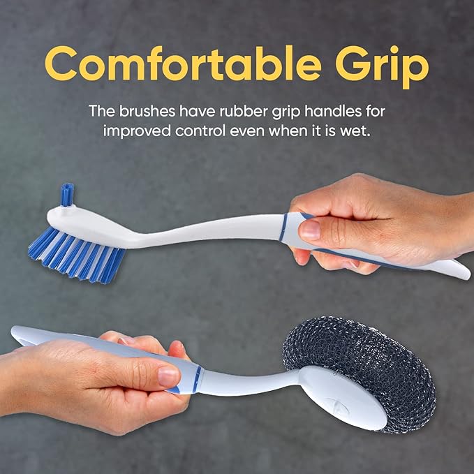 Dish Washing Vegetable Brush Scrubber with Stainless Steel Grill Brush, Scourer Sponge Brush Set with Long Handle and Rubber Grip, Non-Scratch, Kitchen Cleaning Set (2 Pack, Blue)