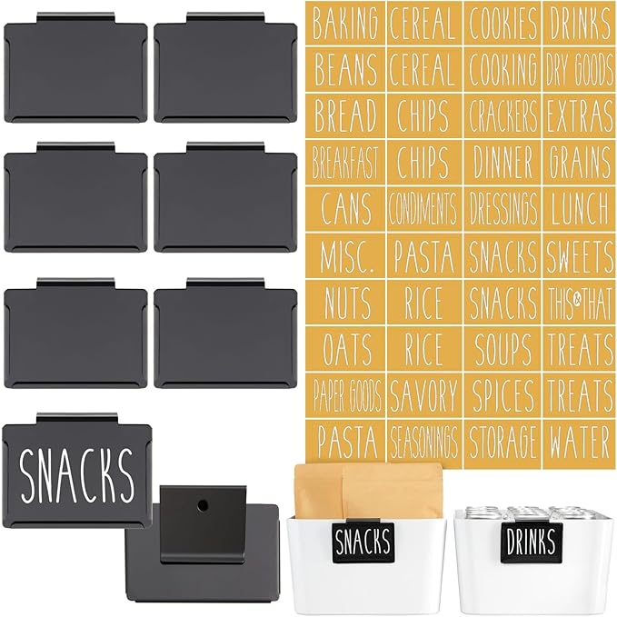 Talented Kitchen Basket Labels Clip-On Metal Label Holders - Black, 3.5 x 2.5 in, 8 Pack - Includes 40 Preprinted Bin & Shelf Tags for Storage Bins & Pantry Organization