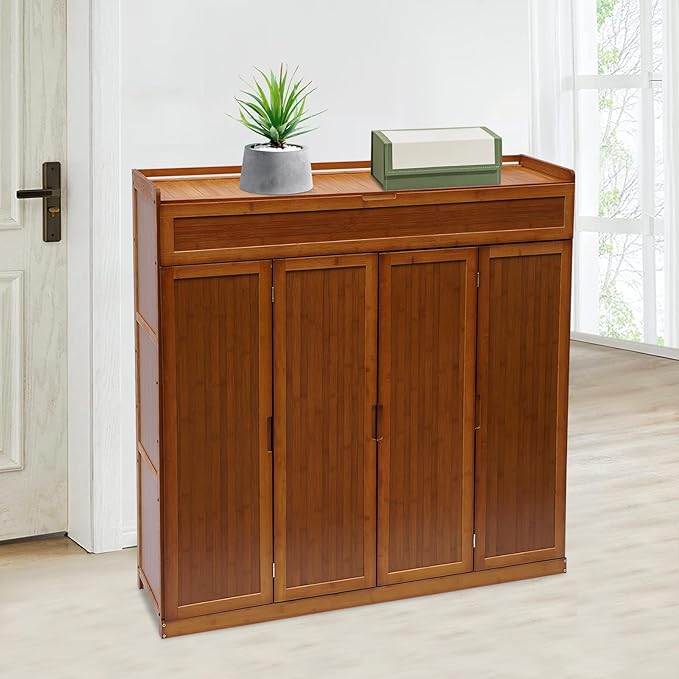 7 Tier Shoe Cabinet, 46 * 13 * 45.3in Entryway Shoe Storage Cabinet Large Bamboo Shoe Storage Cabinets Free Standing Shoes Rack with Doors for Entryway Living Room