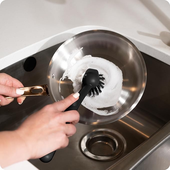 Earth & Mango Magnetic Dish Brush – Dish Scrubber with Built-in Scraper – Snaps to Sink, Dries Fast, Declutters Your Counter (Onyx Black)
