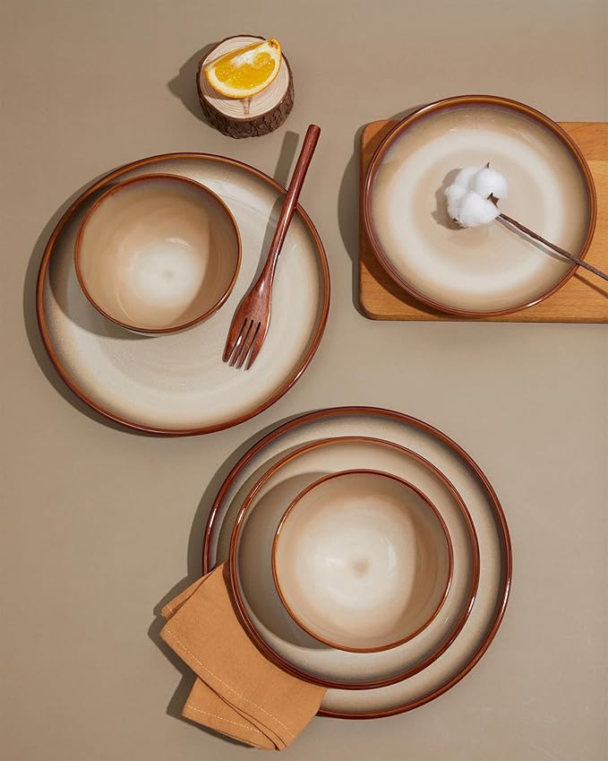 16 Piece Double Bowl Plates and Bowls Sets, Ceramic Dinnerware Sets with Pasta Bowls, Dishwasher & Microwave Safe Dish Set, Scratch Resistant Stoneware Plate Set, Service for 4 Brown Yellow