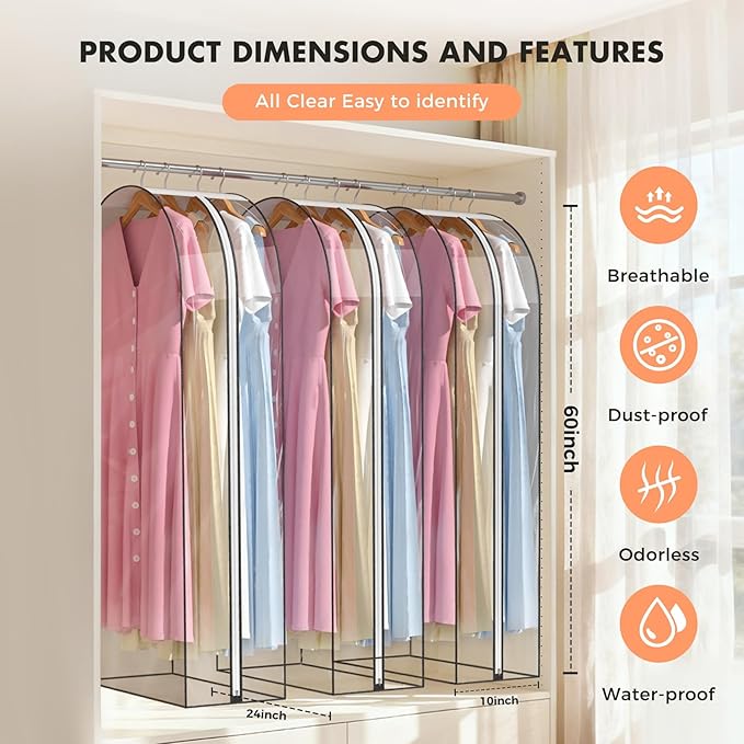 10" Gusseted All Clear Garment Bags for Hanging Clothes 4 Packs 60" Suit Bags for Closet Storage Hanging Clothes Storage Suit Cover for Shirts, Coats, Dresses