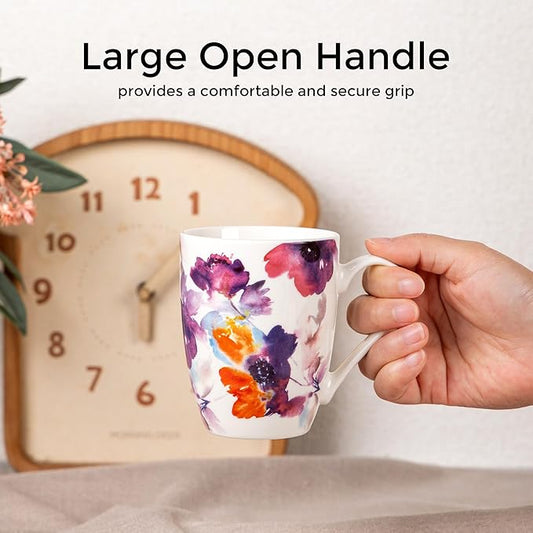 GBHOME 12oz Coffee Mugs Set fo 6, Ceramic Coffee Mugs with Decaled Flowers for Man Woman Mom Dad, Light Weight Coffee Mugs Set for Latte/Cappuccino/Cocoa/Milk, Dishwasher & Microwave Safe
