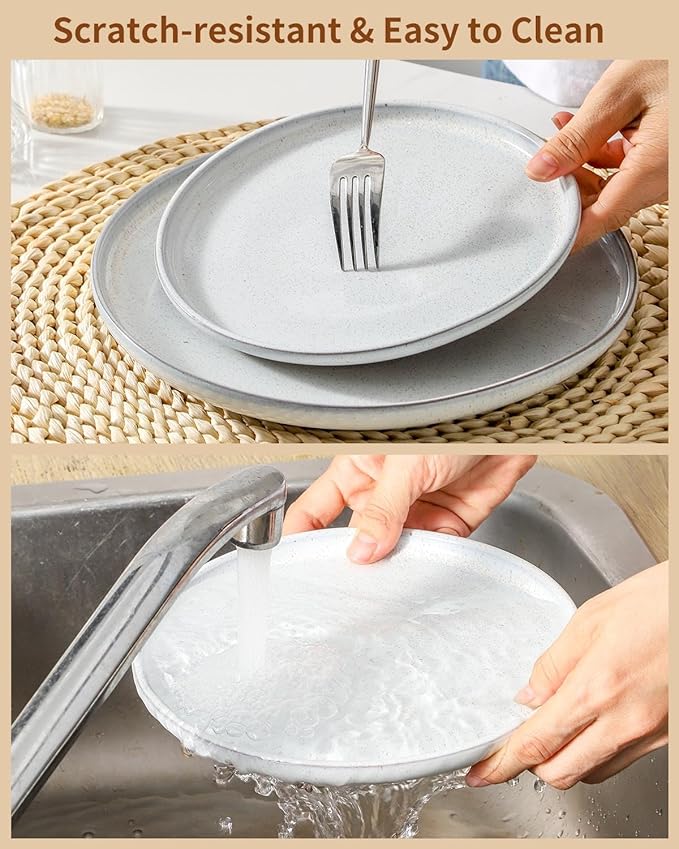 Hasense Plates and Bowls Sets, 3 Pieces Modern Porcelain Dishes Sets, Stoneware Dinnerware Sets with Speckled Pattern, Scratch Resistant Microwave and Dishwasher Safe, White