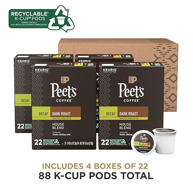 Peet's Coffee Dark Roast K-Cup Pods | Decaffeinated | House Blend | 88 Count | 4 Boxes