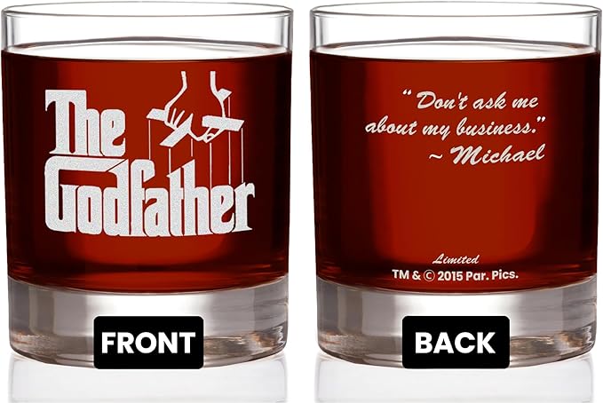 Official Godfather Etched Whiskey Glass - with Logo & Quote ''Don't ask me about my business'' - Premium Quality, Handcrafted Glassware, 11 oz. Perfect Collectible Rocks Glass