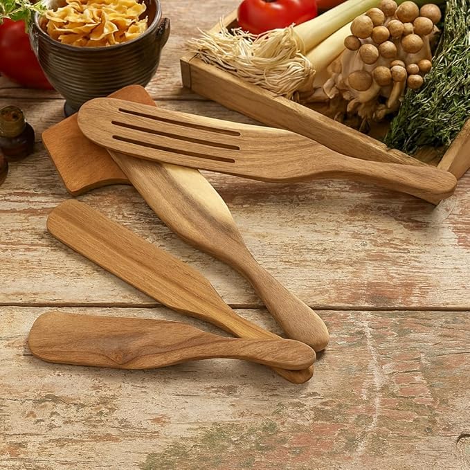 5 Pcs Wooden Spurtle Set with Spoon Rest – Acacia Wood Spurtle Spatula Utensils for Non-Stick Cookware, Stirring, Mixing, Scooping, Serving, Scraping, Cooking