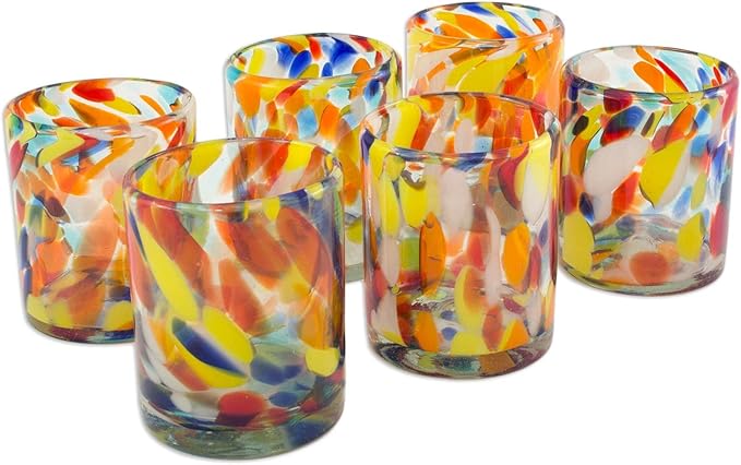 NOVICA Hand Blown Recycled Glass Multicolor Tumbler Glasses, 12 Oz. 'Liquid Confetti' (Set Of 6)
