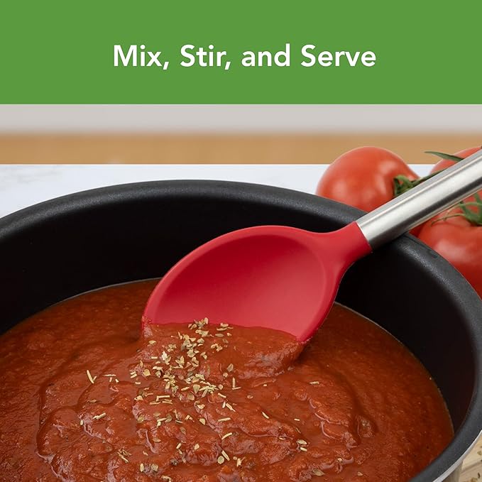 Tovolo Mixing Spoon Stainless Steel Handle Scratch Resistant Non Stick Safe Kitchen Utensil for Cooking Baking Serving Stirring, Heat Resistant Silicone Stirring Spoon with Metal Handle Cayenne Red