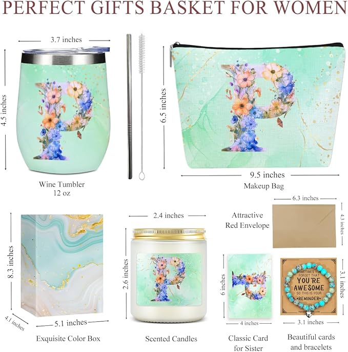 Personalized Gifts for Women Monogrammed Birthday Gifts for Women, Wife Girlfriend Wedding Christmas, Initial Wine Tumbler Makeup Bag Scented Candle Bracelet Set, (Aesthetic Green Flower P)