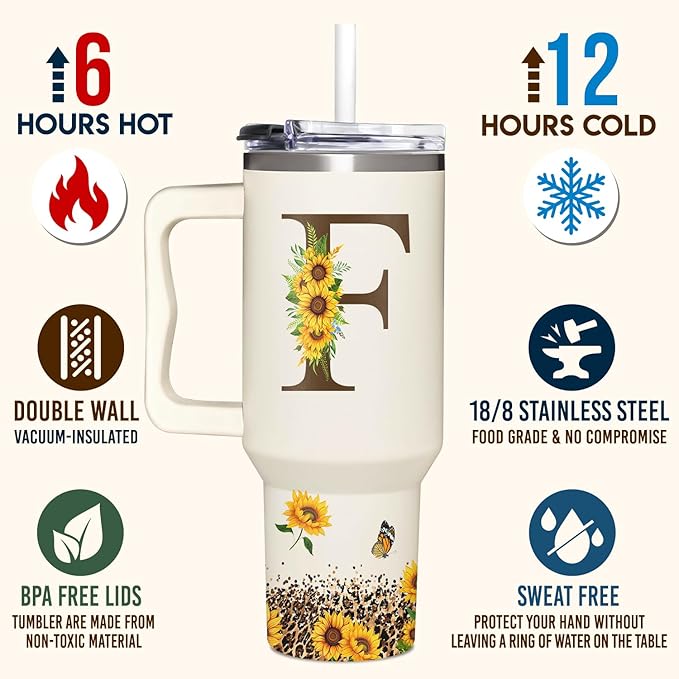 Personalized Birthday Gifts For Women - Sunflowers Monogrammed Cup For Boss Day, Christmas - Customized Gifts For Women, Mom, Wife, Coworkers, Boss Lady, Her - Custom Tumbler With Handle 40oz