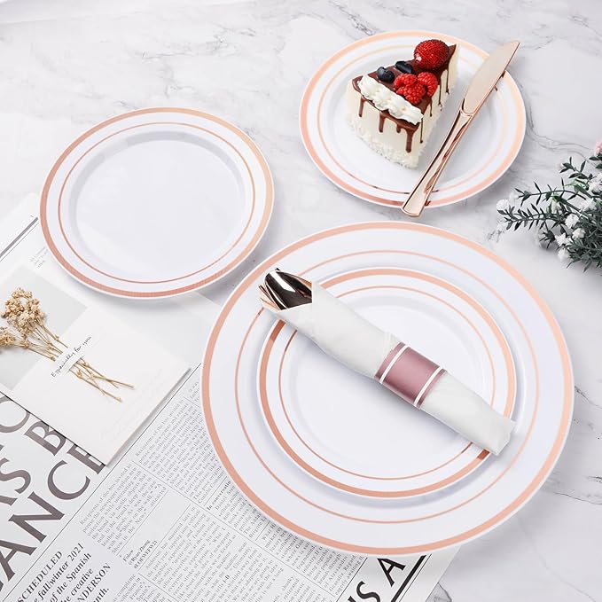 BESTVIP 350PCS Rose Gold Plastic Dinnerware Set, Disposable Party Plates for 50 Guests, Include: 100 Plastic Plates, 50 Pre Rolled Napkins with Rose Gold Silverware, 50 Cups for Christmas, Halloween