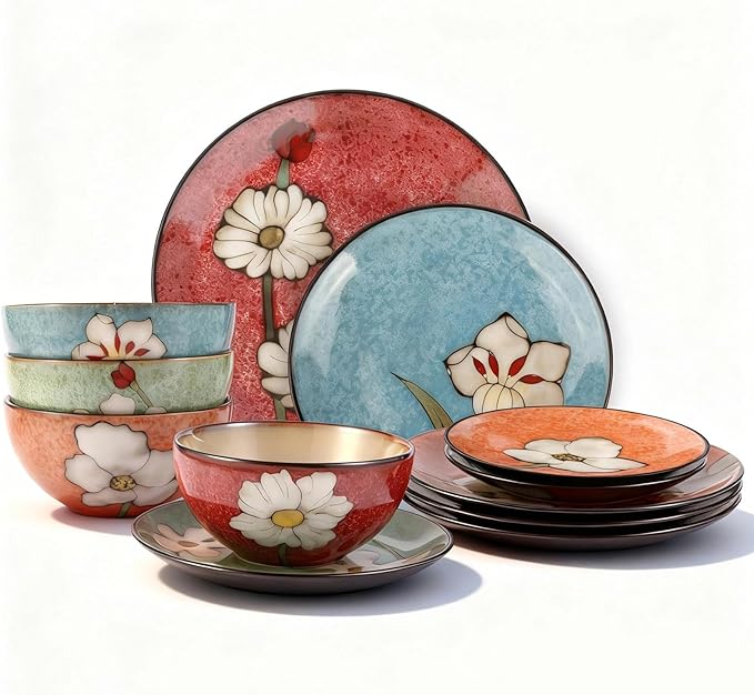 Stoneware 16-Piece Modern Dinnerware Set,Kitchen Plates Bowls and Mug Sets Serves 4,Dishwasher and Microwave Safe,4 colors (Service for 4(12Pcs))