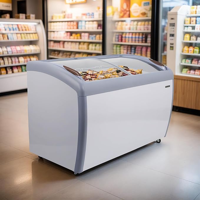 Frigidaire Commercial Chest Freezer for Ice Cream and Frozen Foods, Store Displayer, Glass Top Storage Case, 9 Cu. Ft. Bin, Rolling Caster Wheels, Adjustable Temperature, Energy Efficient Cooling