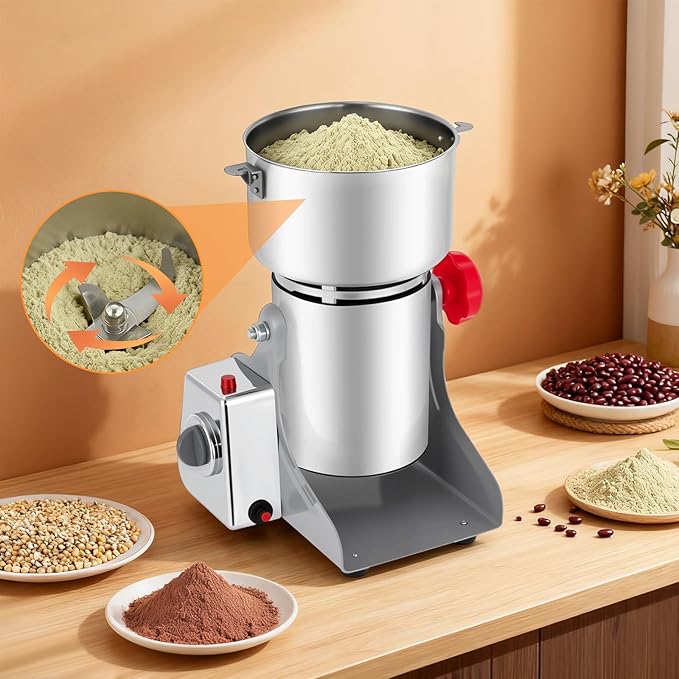 1000g Electric Grain Mill Grinder, High Speed 3600W Commercial Grinders, Stainless Steel Machine for Dry Grains, Coffee, Corn (1000g/2.2lbs Capacity)