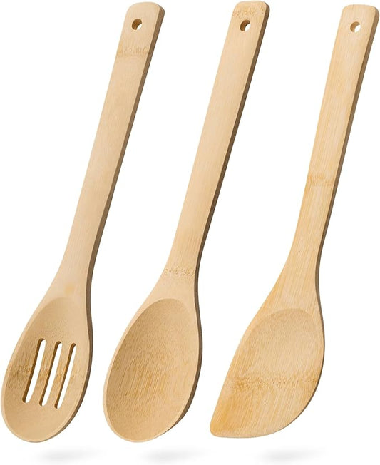 Wooden Spoons for Cooking, 3PCS Wooden Utensil Set Includes Slotted Spoon, Wooden Spoon & Wooden Spatula, Bamboo Cooking Utensils for Non-Stick Pans, Natural Bamboo Utensils