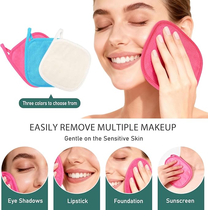 12 Pack Makeup Remover Cloth, 6" x 6" Reusable Makeup Remover Towels Face Washcloth for Washing Face, Makeup Remover Pads Cosmetic Face Wash (Pink-White-Blue)