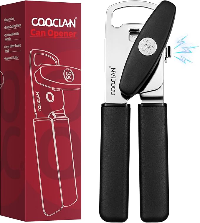 Can Opener Manual 2-in-1 with Magnet, Hand Held Can Openers with Stainless Steel Sharp Blade (Smooth Cut), Large Effortless Turn Knob, Non-Slip Soft Rubber Handle, Built-Bottle Openers, Black