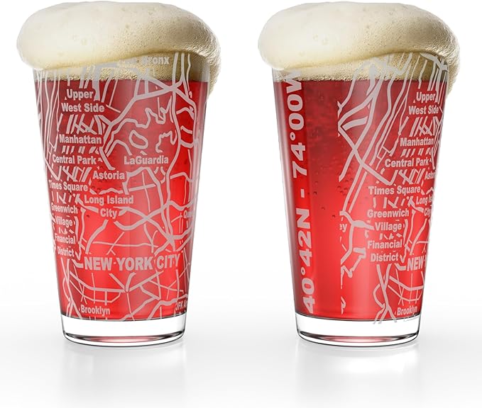 Greenline Goods – New York, NY Map Pint Beer Glasses (Set of 2), 16 oz – Etched Wrap Design