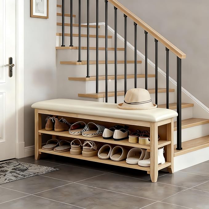 Shoe Bench Storage with Leather Cushion, Rustic Solid Wood Entryway Bench with 2 Height-Adjustable and Removable Shelves for Hallway, Living Room, Mudrooms (Natural Wood,39.4")