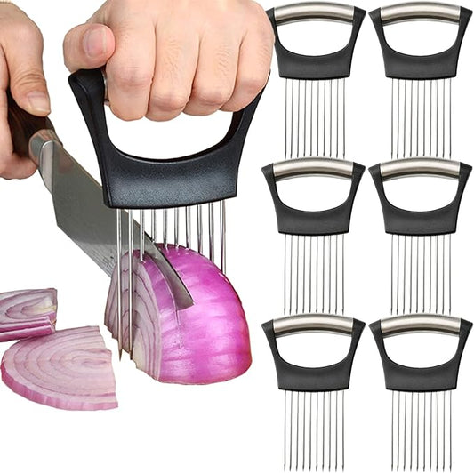 6 Pack Onion Slicer, Tomato Slicer Vegetable Cutter Onion Holder for Slicing, Stainless Steel Kitchen Chopper Slicing Assistant Tool for Potato Lemon Cucumber Avocados Fruits Eggs Meat