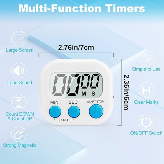 6 Pack Digital Kitchen Timer Multi-Function Magnetic Timers Classroom Timer for Kids Loud Alarm Big LCD Display Electronic Count Up Countdown Timers for Cooking, Classroom, Exercise, Meeting, White