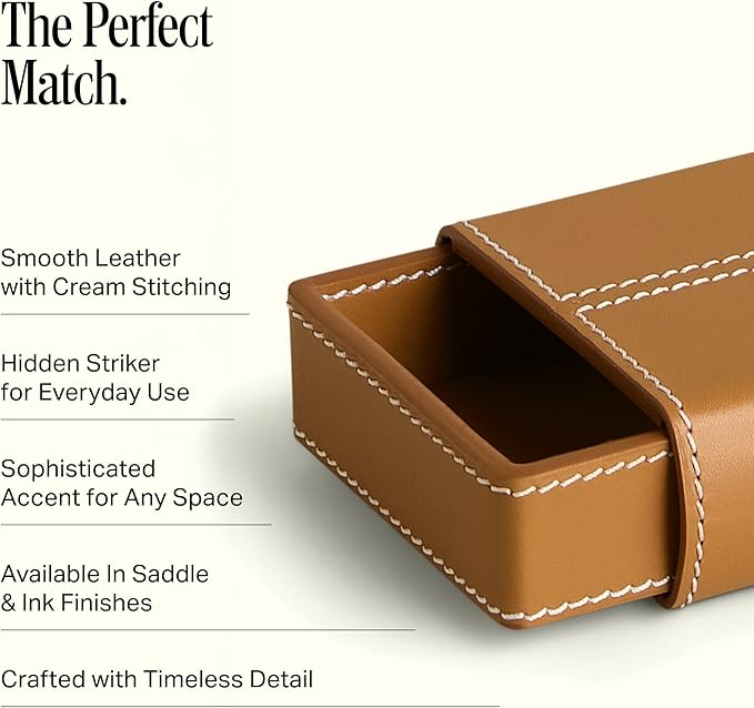 Preston Lane Mayfair Handmade Leather Matchstriker – Decorative Matchbox Holder with Built-In Striker, Stylish Coffee Table & Mantle Accent, Saddle