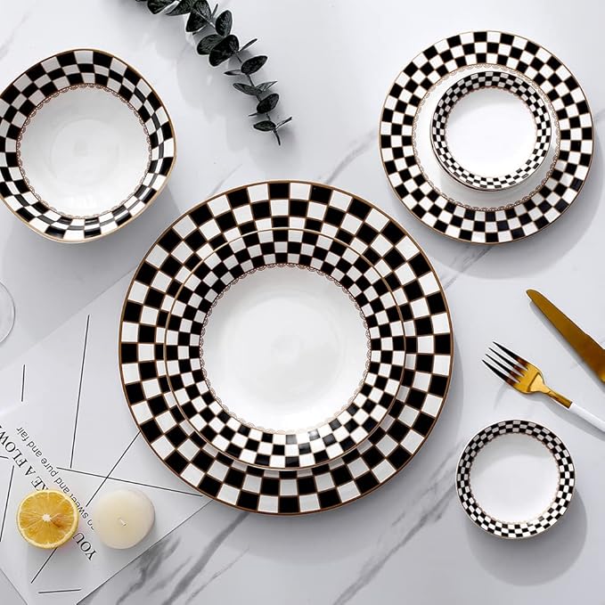 Porlien Checker Pattern 20-piece Round Dinnerware Set for 4, Porcelain Dinner Sets