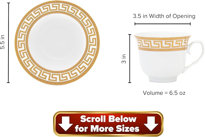 Vintage Dinnerware Set for 8-57 Piece Porcelain Dining Set - Gorgeous White and Gold Greek Key Design - Plates, Bowls, Cups and Saucers - For Everyday Use and Special Events (Meander Gold 2057)