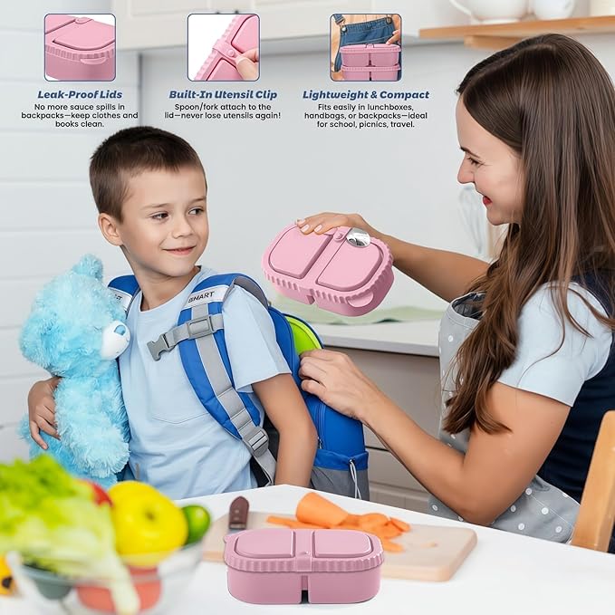 Silicone Snack Containers for Kids (8.5Oz, 2-Compartment)+ Kids Silicone Cutlery Set (Spoon and Fork) - BPA Free, Leak Proof, Great for Toddler/Kid/Adult Meal Prep Containers (pink)
