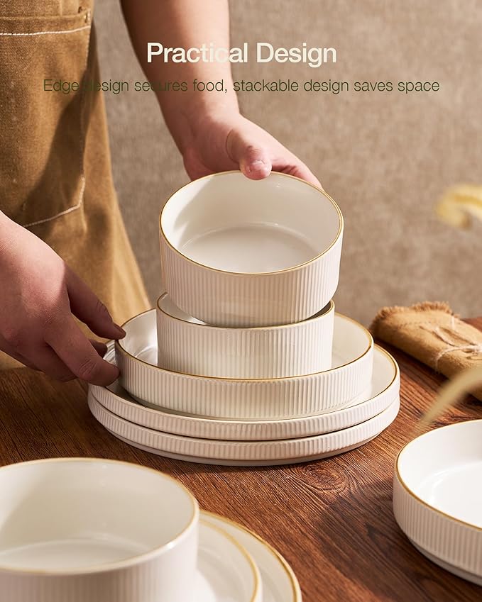 famiware Star Dinnerware Set, Plates and Bowls Sets for 4 (12pcs), Ribbed Stoneware Dishes - Chip & Scratch Resistant, Microwave & Dishwasher Safe Tableware, White