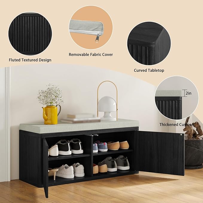 Entryway Shoe Storage Bench with 2" Cushion, 37.4" Small Bench with Shoe Rack, Cabinet Organizer for Hallway，Bedroom End of Bed, Black