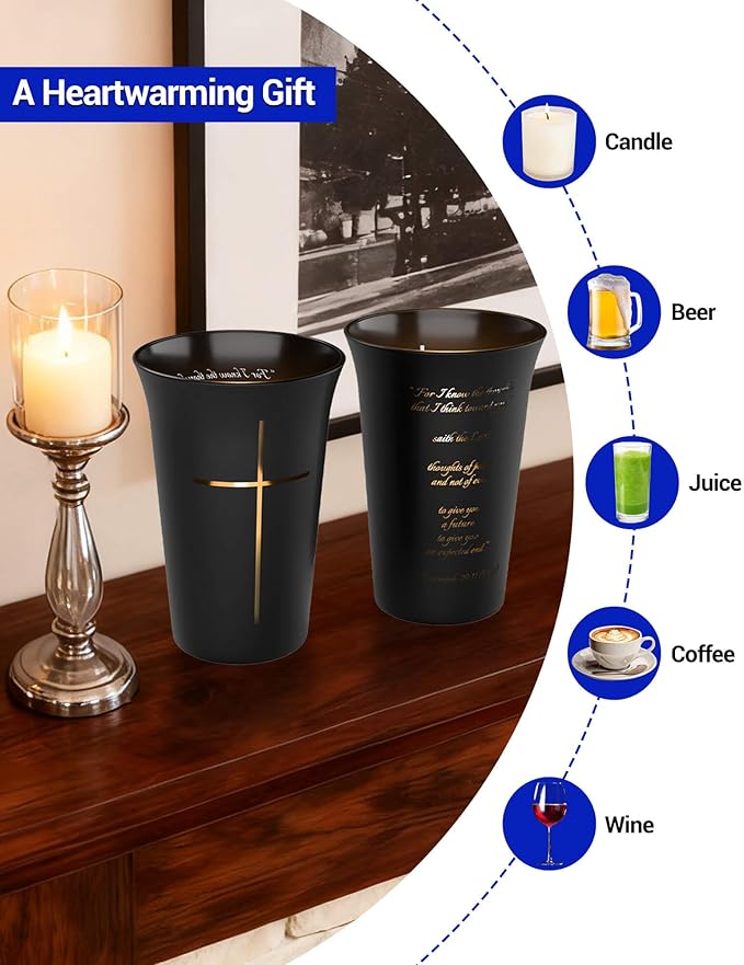 2PCS Black Frosted Drinking Glass Cups with Cross & Bible Verse, Inspirational Religious Gifts for Christians, Catholic Women & Men, Pastor Appreciation, Baptism & Confirmation Gifts for Boys & Girls
