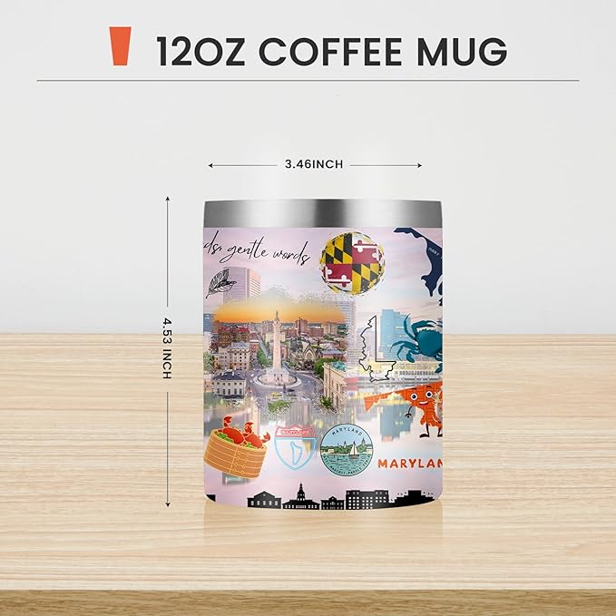 12oz Coffee Mug Maryland State Insulated Coffee Cups, United States Map Travel Mug Landmark, Birthday Gifts Cute Mugs with Lid and Straw Mothers Day Gifts