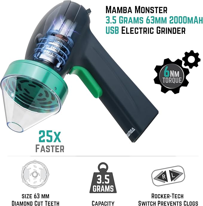 Mamba Monster 3.5g Green USB Electric Herb Grinder. Large Capacity Portable Metal Herbal Machine & Spice Mill for the Kitchen