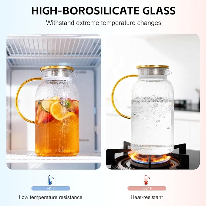2 PACK Glass Pitcher with Lid, 68oz/2Liter Borosilicate Glass Water Pitcher, Heat Resistant Vertical Striped Water Carafe for Iced Tea, Fruit Tea, and Hot Beverages, Dishwasher Safe, Christmas Gifts