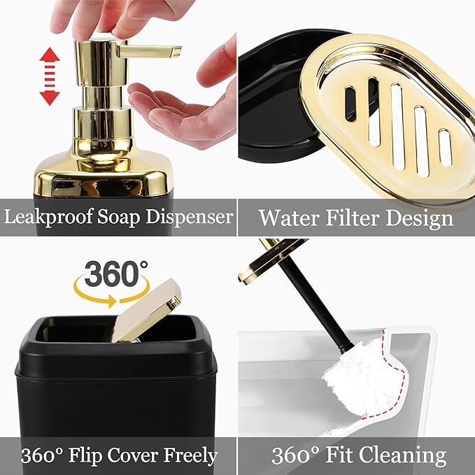 Bathroom Set - Black Bathroom Accessories Set, Bathroom Sets with Shower Curtain and Rugs, 24PC Shower Curtain Set with Hooks, Soap Dispenser, Soap Dish, Toilet Brush Holder and Trash Can