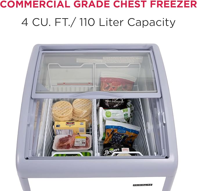 Frigidaire Commercial Chest Freezer for Ice Cream and Frozen Foods, Store Displayer, Glass Top Storage Case, 4 Cu. Ft. Bin, Rolling Caster Wheels, Adjustable Temperature, Energy Efficient Cooling