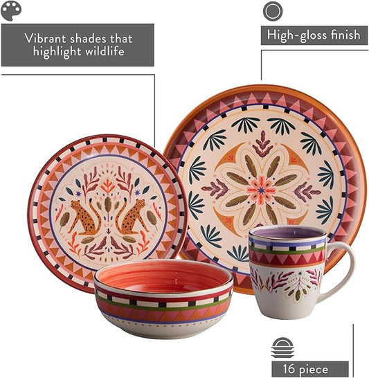 Corona 16–piece Colorful Wild Jungle Animals Inspired Ceramic Dinnerware Sets | Plates, Bowls and Mugs | Service For 4 | Selvatica