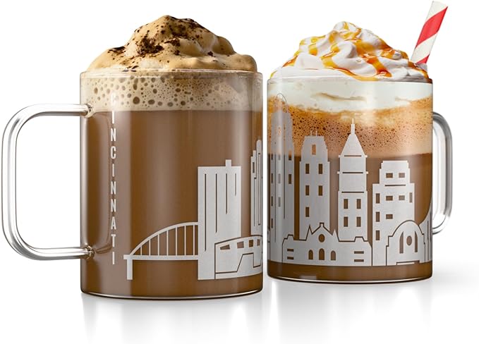 Greenline Goods – Cincinnati, OH Skyline Glass Coffee Mugs (Set of 2), 15 oz – Etched Wrap Design