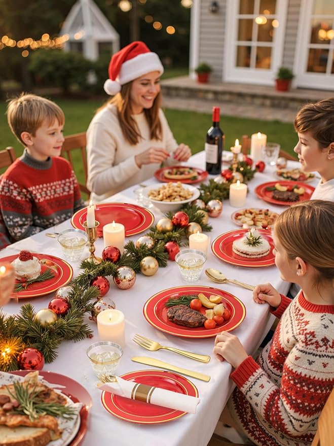 175 Pieces Red Plastic Plates with Gold Rim Include Dinner Plate 10”, Dessert Plate 7”, gold Cups 9 OZ, Pre Rolled Napkins 25 of each type for Christmas Party