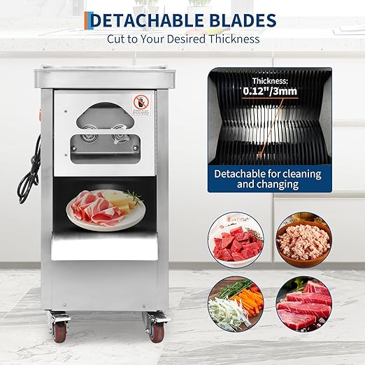 Commercial Meat Cutting Machine, 661 LBS/H 1100W, 3 mm Blade, Stainless Steel Restaurant Food Cutter, for Kitchen Supermarket Lamb Beef Chicken