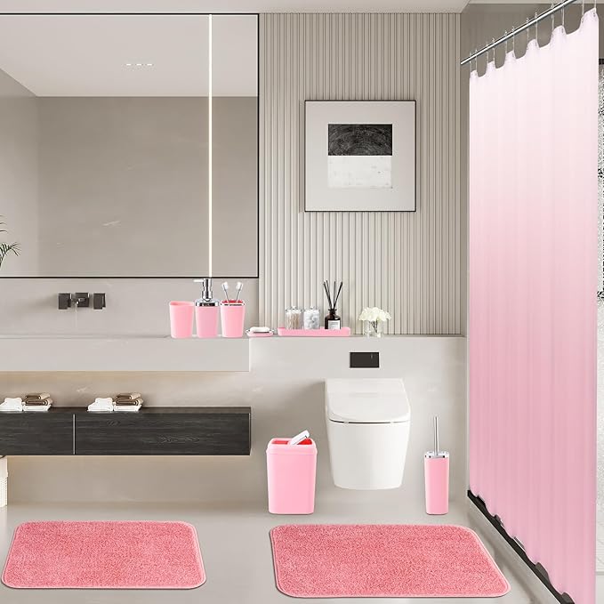 Bathroom Accessory Set–Bathroom Sets with Shower Curtain and Rugs, Non Slip Bathroom Rugs Super Absorbent, Pink Ombre Waterproof Shower Curtain with Hooks, Pink Bathroom Sets Complete for Home