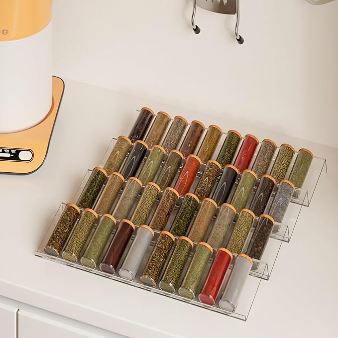 Expandable Acrylic Spice Drawer Organizer – 4-Tier Clear Seasoning Rack Insert for Kitchen Drawers, Adjustable from 9" to 18", Fits Most Spice Jars (Jars Not Included) 8-Pack