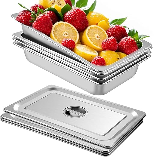 VEVOR 4 Pack Full Size Steam Table Pan,4 Inch Deep, 13L Capacity - Stainless Steel Food Container for Oven, Hotel - Anti-Jam Design