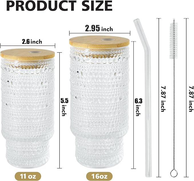 8 Pcs 11oz Drinking Glasses Cups Set with Bamboo Lids Straws Brush Small Vintage Hobonail Ribbed Glassware Set for Juice Iced Coffee Cocktail Whiskey