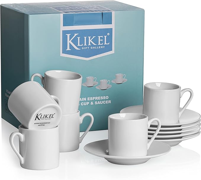 Klikel Espresso Cup And Saucer Set - White Cappuccino Demitasse - Small Coffee Cups For Cuban Coffee or Italian Espresso - Set Of 6