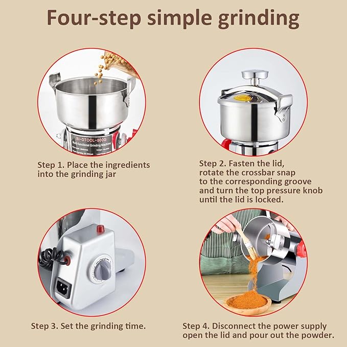 Electric Grain Mill Grinder 3600W Dry Material Grinding Machine 2000g Stainless Steel Pulverizer 36000r/min High-speed Grain Mill 270° swingable Superfine powder for Home and Commercial 2000g