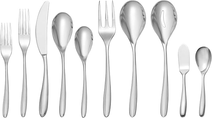 Nambé Bend 45-Piece Flatware Collection – Excellent Forged Stainless Steel Utensils with Graceful Curved Handles, Service for 8 with Hostess Set – Contemporary Tableware for Dining & Events