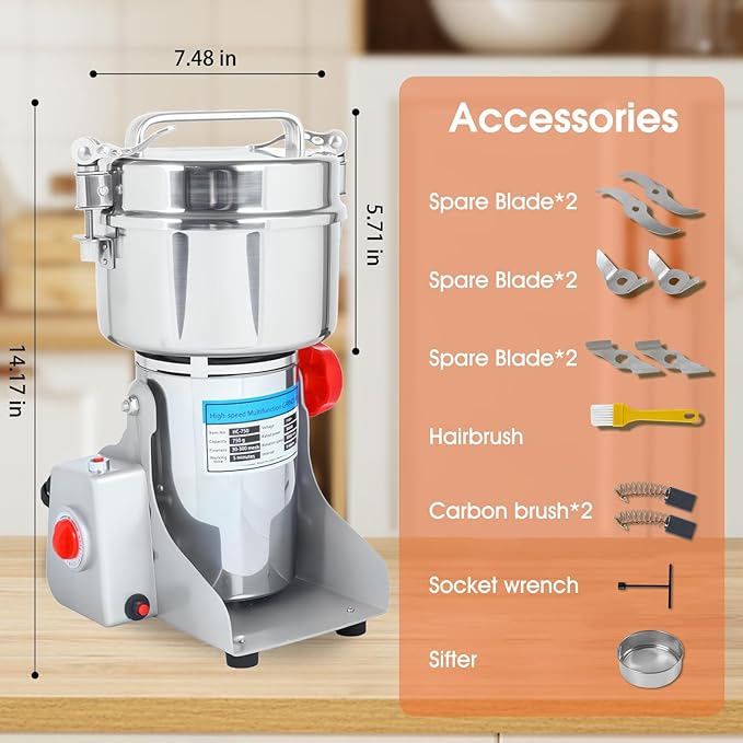 750g Commercial Grain Grinder - 2000W Heavy-Duty Electric Mill for Coffee, Spices, Nuts & Grains | 28000 RPM | Industrial Stainless Steel | 5 Blades System | for Home & Restaurant Use